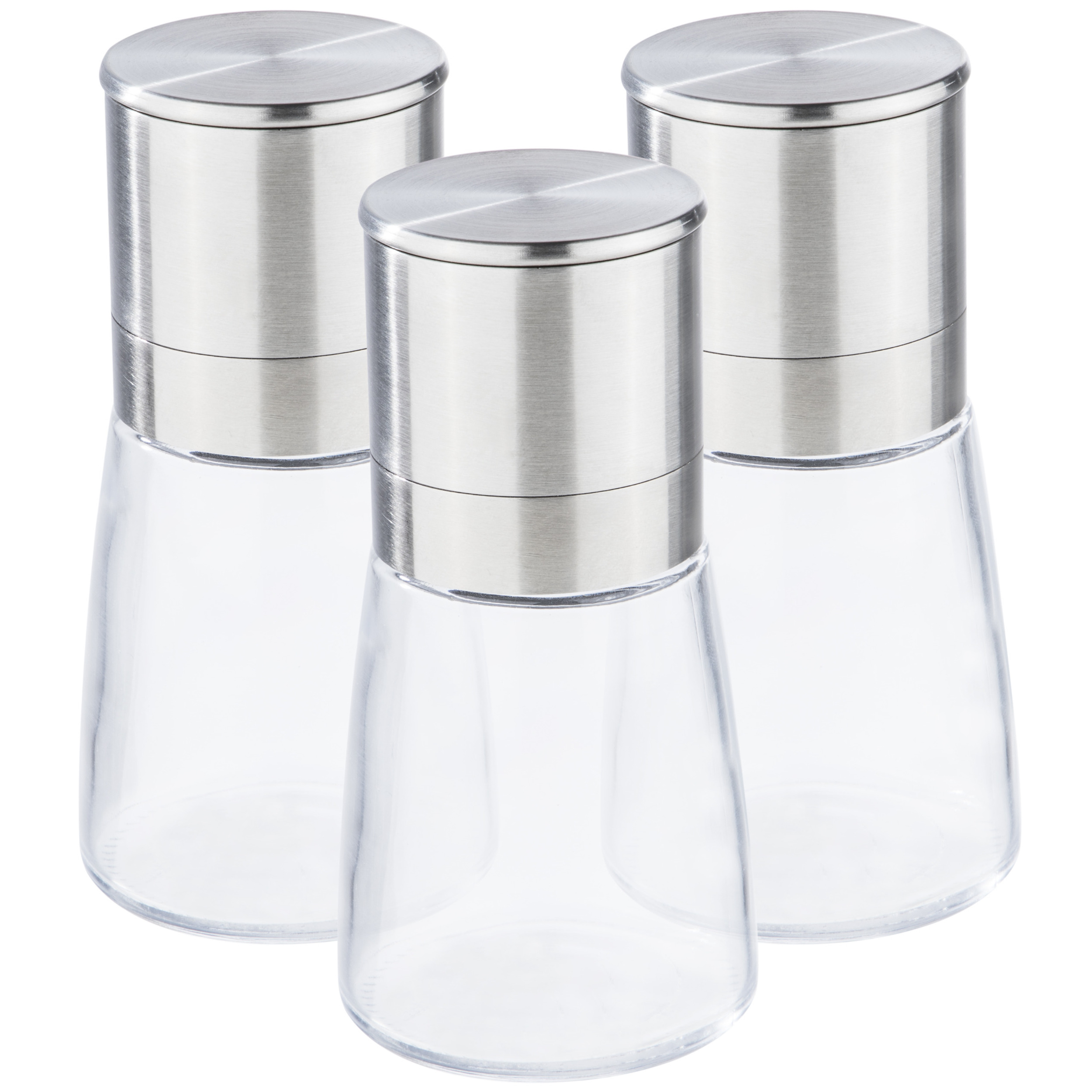 Set van 3x stuks kruidenmolen-pepermolen-zoutmolen RVS-glas transparant-zilver 13 cm