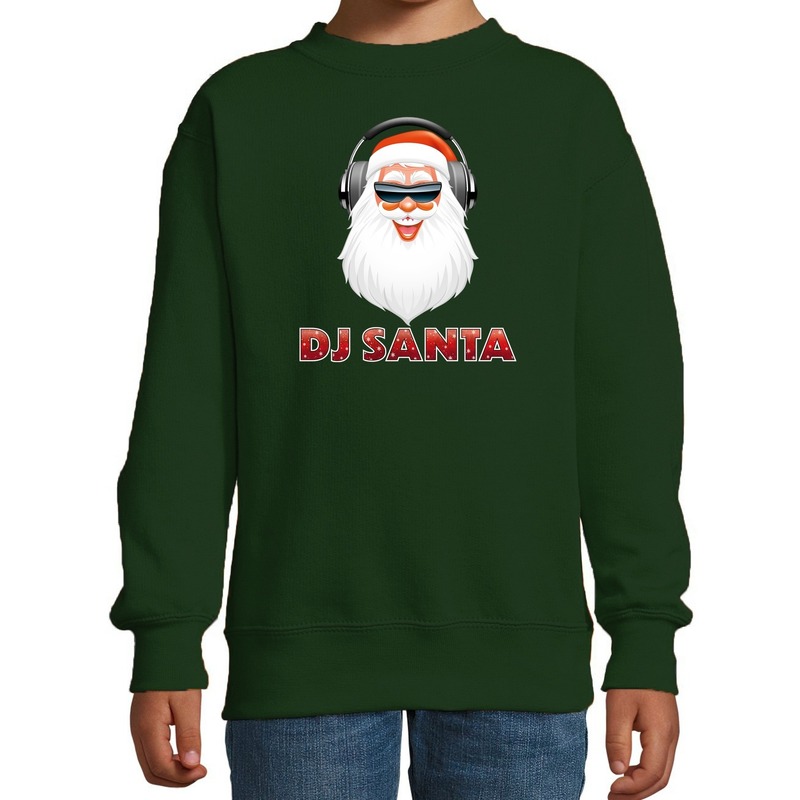 Stoere kersttrui-sweater DJ Santa groen voor kinderen