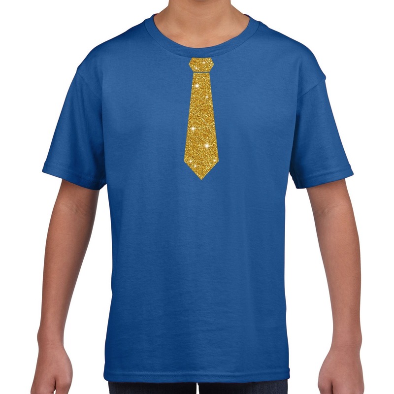 Stropdas goud glitter t-shirt blauw voor kinderen