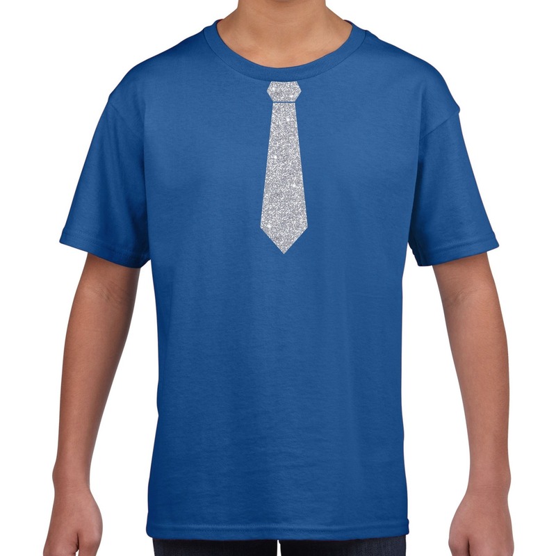 Stropdas zilver glitter t-shirt blauw voor kinderen
