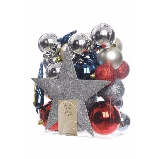 Zilveren kerstballen set inclusief piek