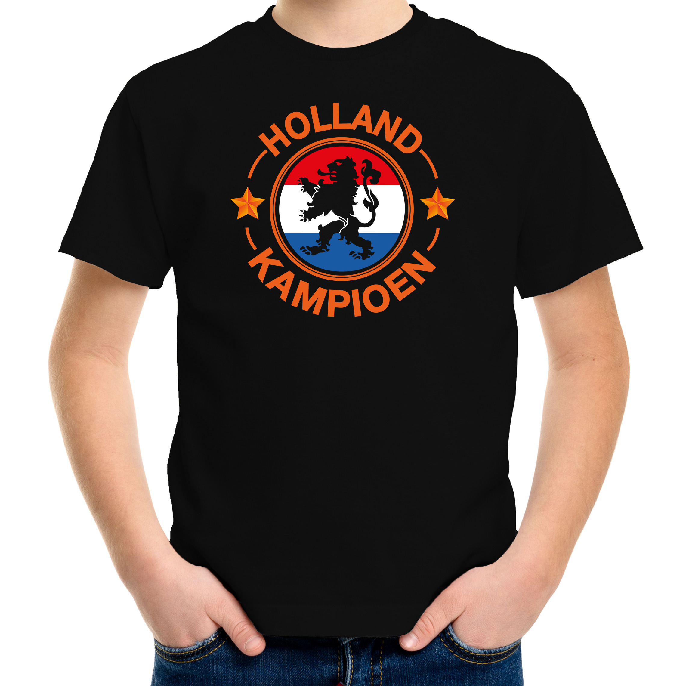 Zwart t-shirt Holland - Nederland supporter Holland kampioen met leeuw EK/ WK voor kinderen