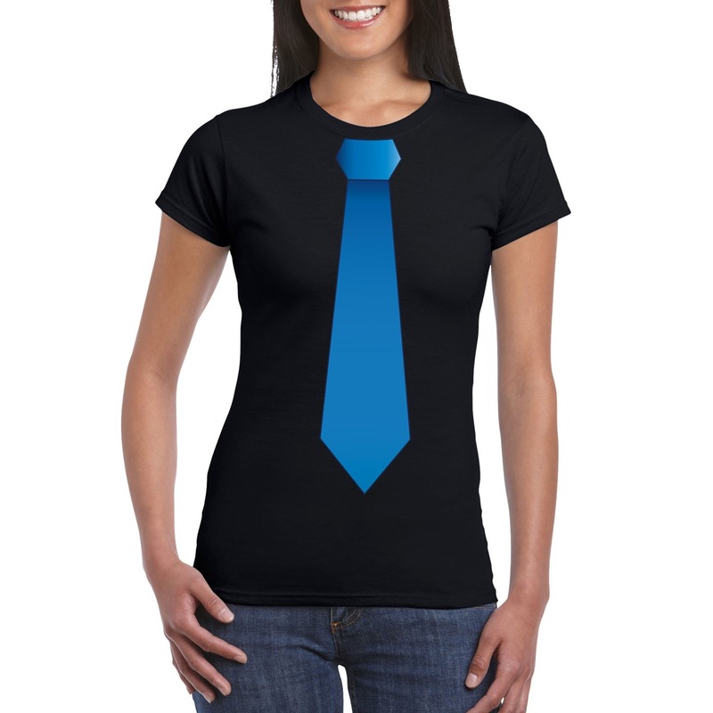 Zwart t-shirt met blauwe stropdas dames