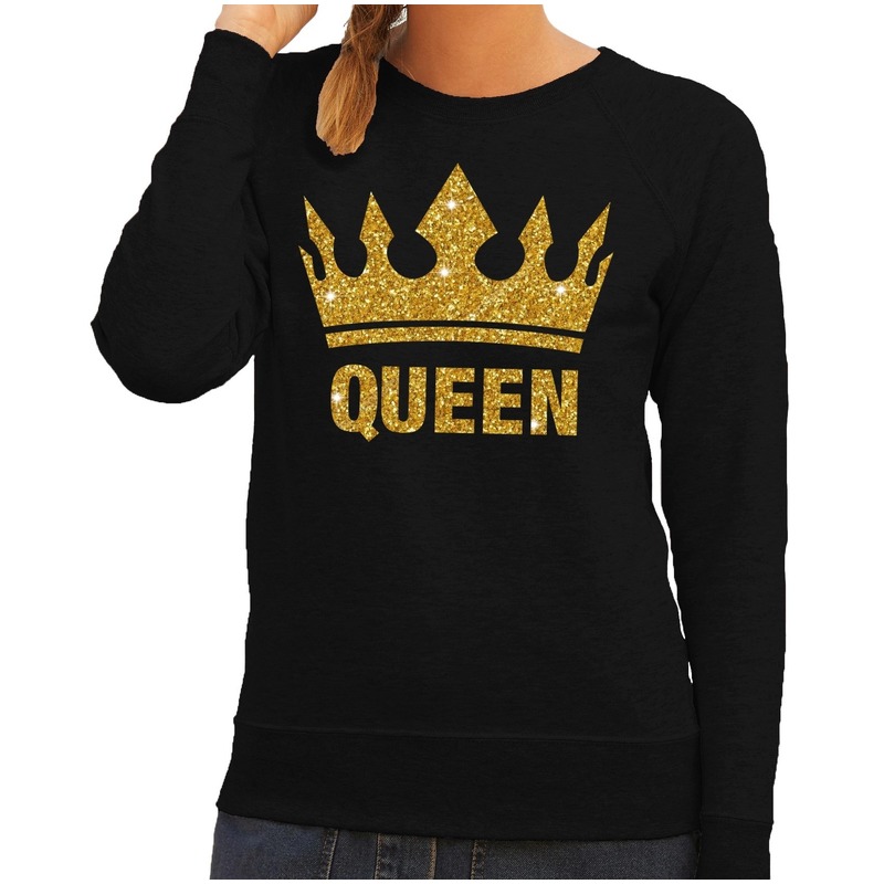 Zwarte Queen gouden glitter kroon sweater dames