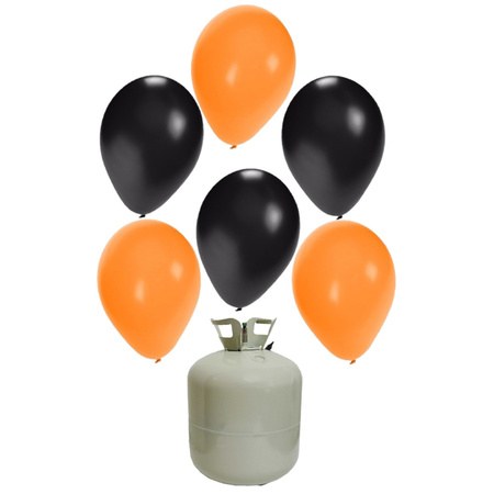 20x Helium ballonnen zwart/oranje 27 cm + helium tank/cilinder