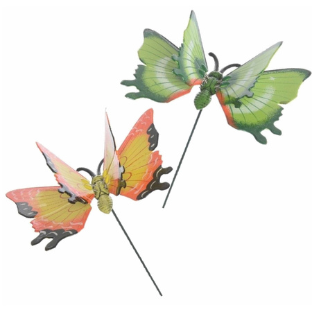 2x stuks Metalen deco vlinders groen en geel van 11 x 70 cm op tuinstekers