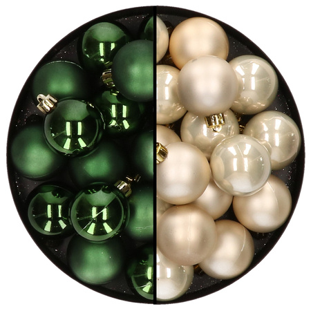 32x Christmas baubles mix dark green and champagne 4 cm plastic matte/shiny