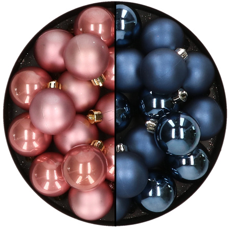 32x stuks kunststof kerstballen mix van oudroze en donkerblauw 4 cm