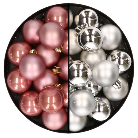 32x Christmas baubles mix dusty pink and silver 4 cm plastic matte/shiny