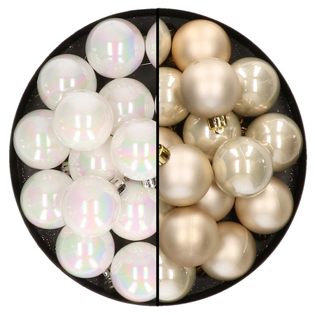 32x Christmas baubles mix pearlescent white and champagne 4 cm plastic matte/shiny