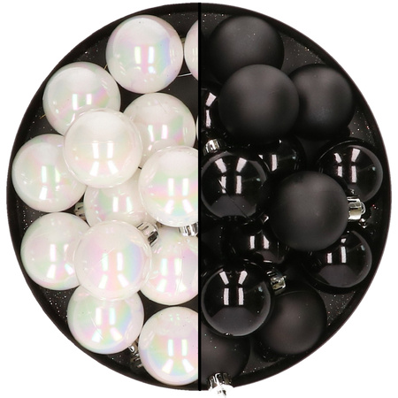 32x Christmas baubles mix pearlescent white and black 4 cm plastic matte/shiny