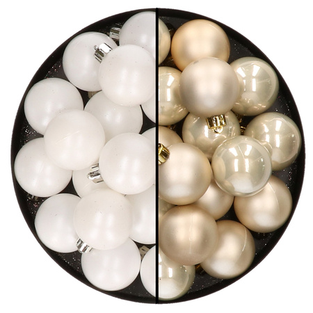 32x Christmas baubles mix white and champagne 4 cm plastic matte/shiny