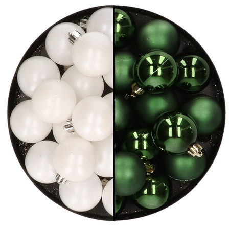 32x Christmas baubles mix white and dark green 4 cm plastic matte/shiny
