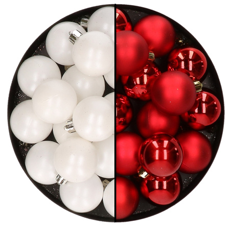 32x Christmas baubles mix white and red 4 cm plastic matte/shiny