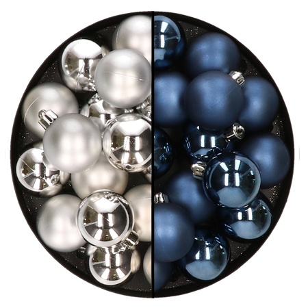 32x stuks kunststof kerstballen mix van zilver en donkerblauw 4 cm