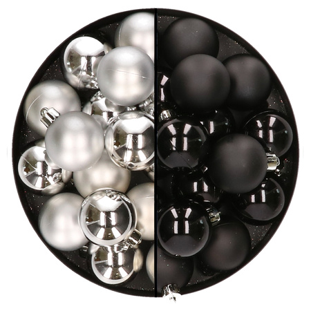 32x Christmas baubles mix silver and black 4 cm plastic matte/shiny