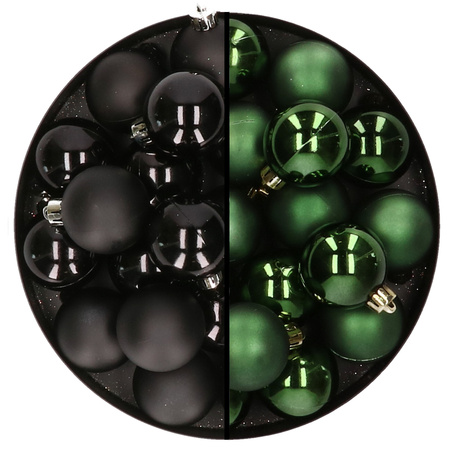 32x Christmas baubles mix black and dark green 4 cm plastic matte/shiny