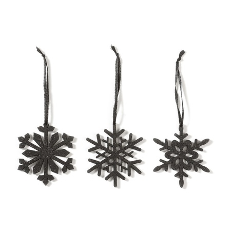 3x Christmas tree decoration black snowflake 7,5 cm