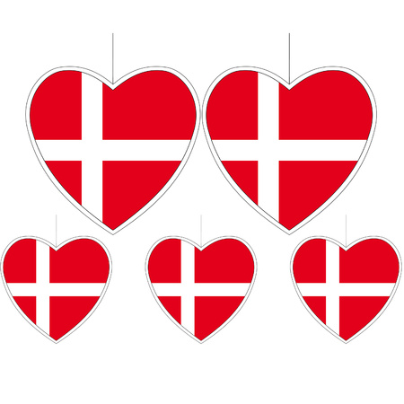 Denmark flag hearts decorations set 5-parts 14 cm and 28 cm