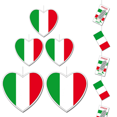 Italy flag hearts decorations set 6-parts 14 cm and 28 cm