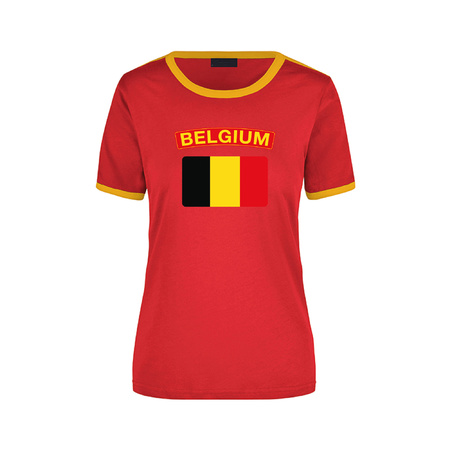 Belgium rood / geel ringer t-shirt Belgie met vlag voor dames