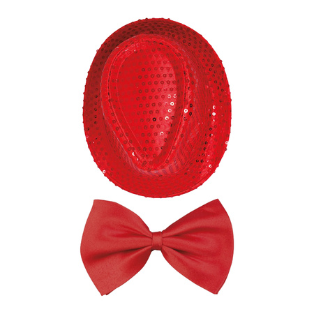 Carnaval verkleed set compleet - hoedje en vlinderstrikje - rood - heren/dames - glimmend