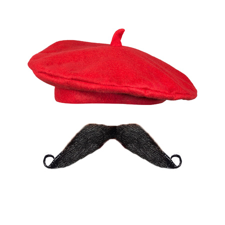 Carnaval set Frenchman - Luxery Baret red and moustache black - for men