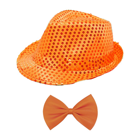 Toppers - Carnaval verkleed set - hoedje en vlinderstrikje - oranje - volwassenen - glitters
