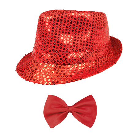 Toppers - Carnaval verkleed set - hoedje en vlinderstrikje - rood - volwassenen - glitters
