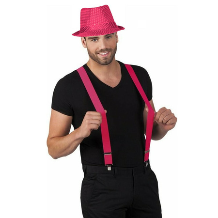 Toppers - Carnaval verkleedset Partyman - glitter hoedje en bretels - fuchsia roze - heren - verkleedkleding