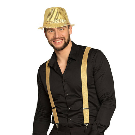 Toppers - Carnaval verkleedset Partyman - glitter hoedje en bretels - goud - heren - verkleedkleding