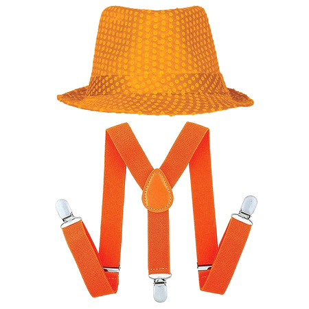 Toppers - Carnaval verkleedset Partyman - glitter hoedje en bretels - oranje - heren - verkleedkleding