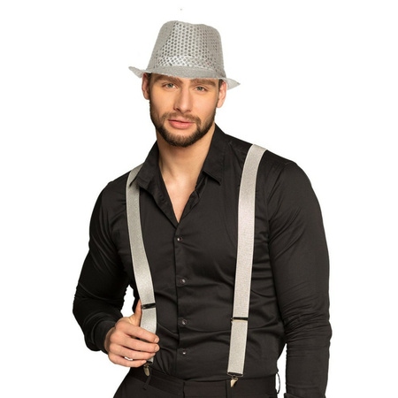 Carnaval fashion set Partyman - Trilby glitter hat and suspenders - silver - for men/woman