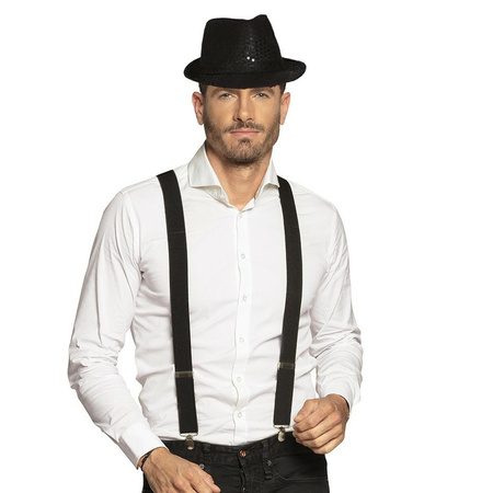 Carnaval fashion set Partyman - Trilby glitter hat and suspenders - black - for men/woman