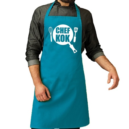Chef kok barbeque schort / keukenschort turquoise blauw voor her
