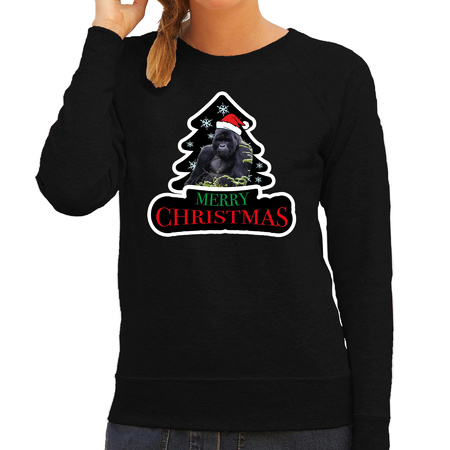 Dieren kersttrui gorilla zwart dames - Foute gorilla apen kerstsweater