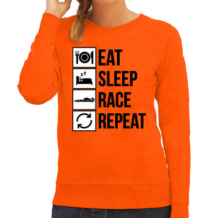 Eat sleep race repeat supporter / race fan sweater oranje voor dames