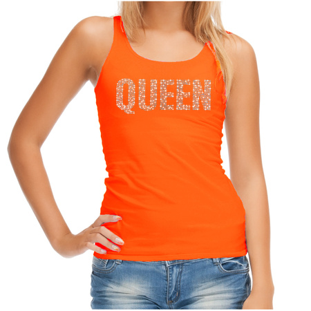 Glitter Queen tanktop oranje rhinestones steentjes voor dames - EK/WK tops / Koningsdag outfit