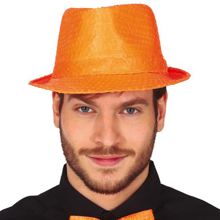 Toppers - Carnaval verkleed set compleet - hoedje en vlinderstrikje - oranje - heren/dames - glimmend