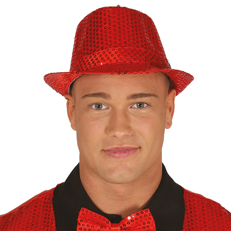Toppers in concert - Carnaval verkleed set compleet - hoedje en vlinderstrikje - rood - heren/dames - glimmend