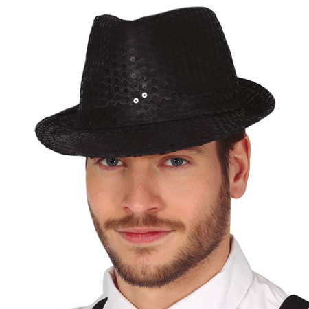 Carnaval verkleed set - hoedje en bretels - zwart - heren/dames - glimmend