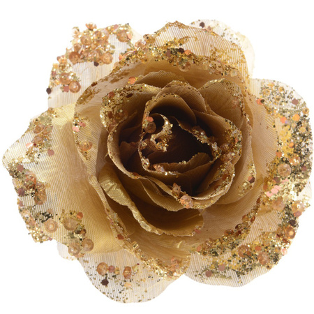 Gouden glitter roos met clip 14 cm