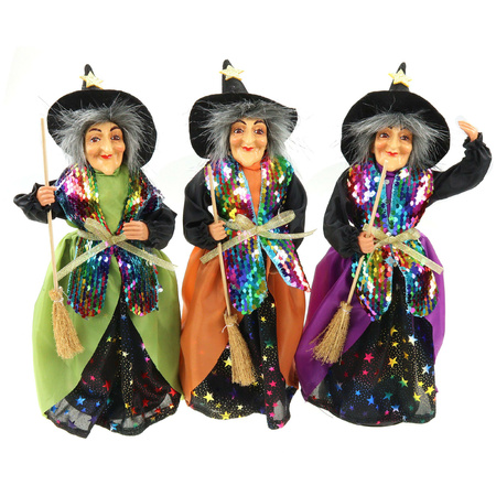 Halloween deco doll - Standing witch with broom - 30 cm - black/purple