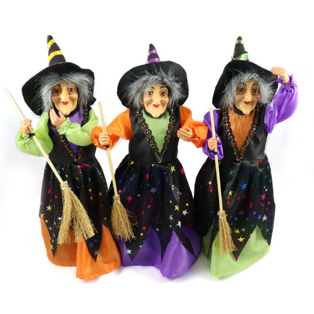 Halloween decoratie heksen pop - staand - 35 cm - zwart/groen