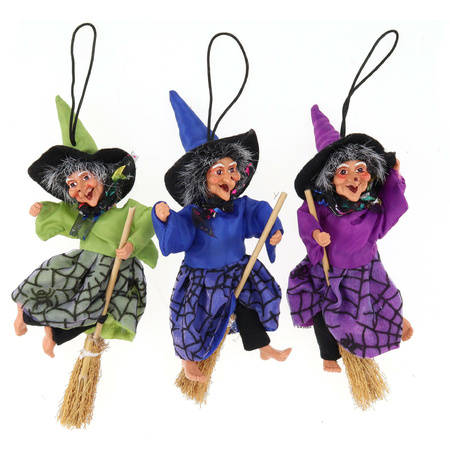 Halloween decoratie heksen pop - vliegend op bezem - 10 cm - zwart/blauw