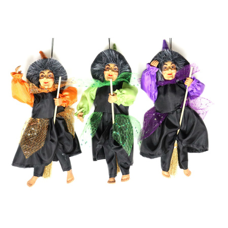 Halloween decoratie heksen pop - vliegend op bezem - 35 cm - zwart/oranje