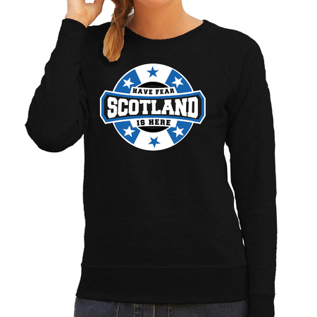 Have fear Scotland is here / Schotland supporter sweater zwart voor dames