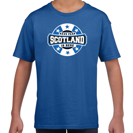 Have fear Scotland is here / Schotland supporter t-shirt blauw voor kids