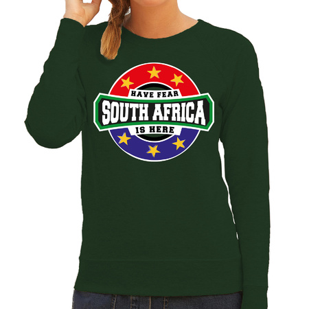 Have fear South Africa is here / Zuid Afrika supporter sweater groen voor dames