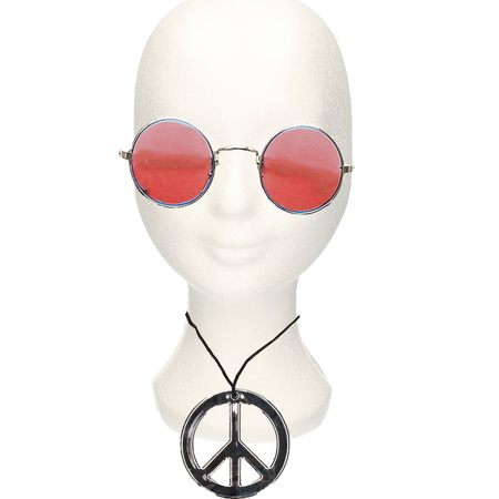 Toppers - Hippie Flower Power theme set peace-sign necklace and sunglasses orange